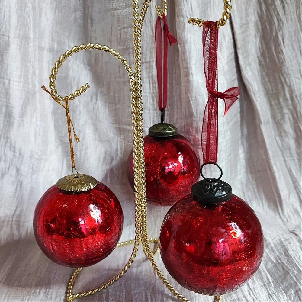 Set of 3 Three Red Crackle Glass Kugle Kugel Vintage 3" Christmas Tree Ornaments
